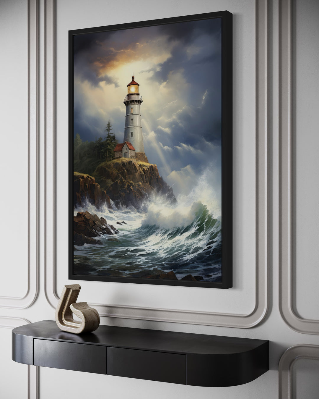 Lighthouse In Stormy Ocean Framed Nautical Canvas Wall Art