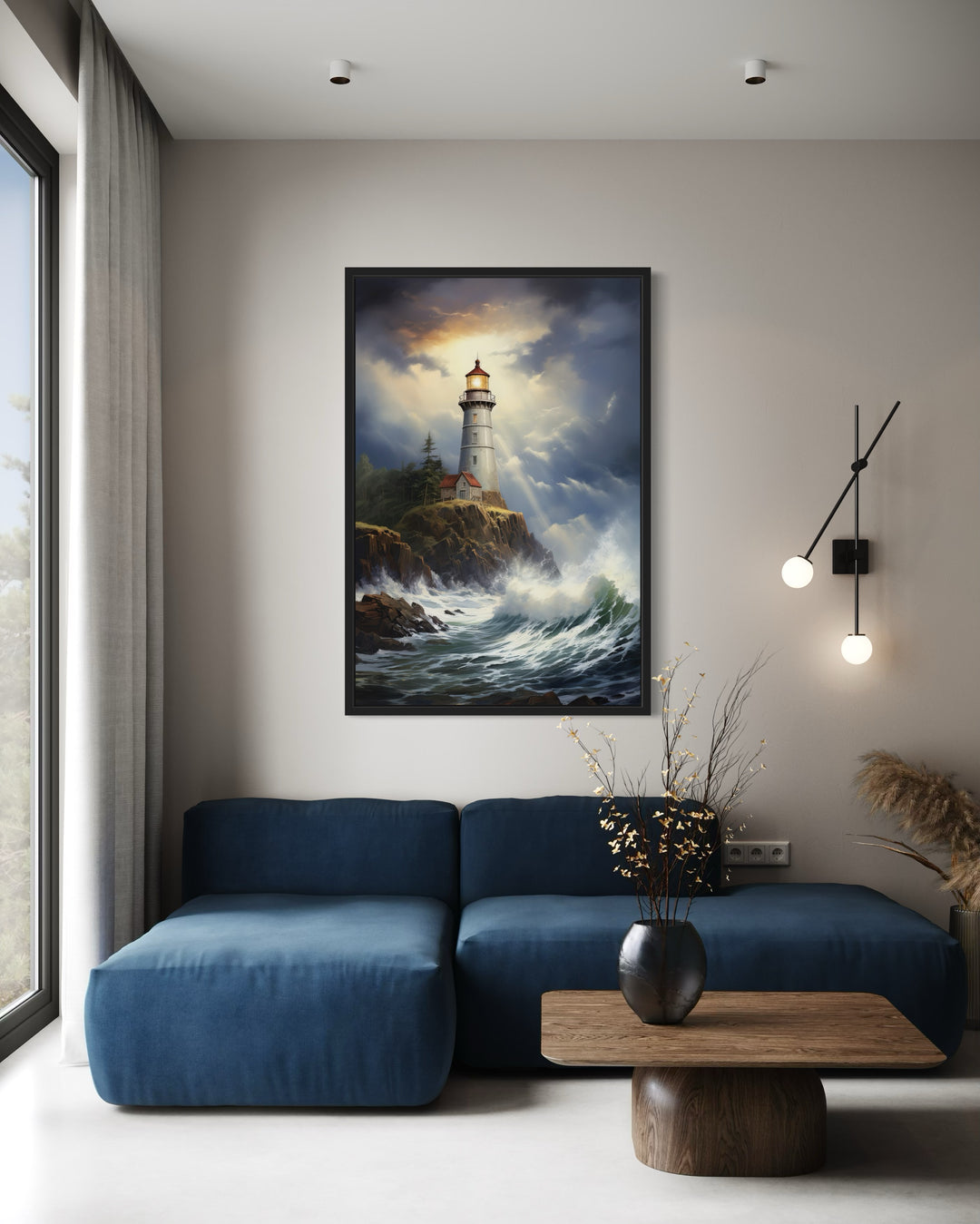 Lighthouse In Stormy Ocean Framed Nautical Canvas Wall Art