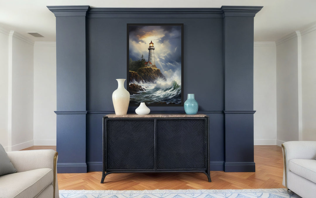 Lighthouse In Stormy Ocean Framed Nautical Canvas Wall Art