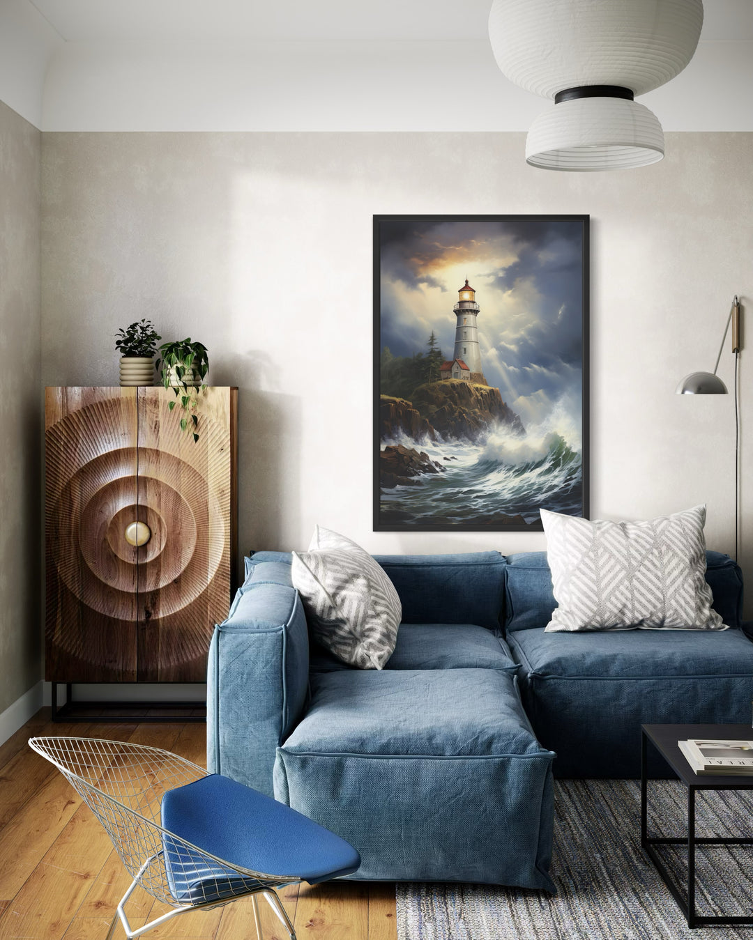 Lighthouse In Stormy Ocean Framed Nautical Canvas Wall Art