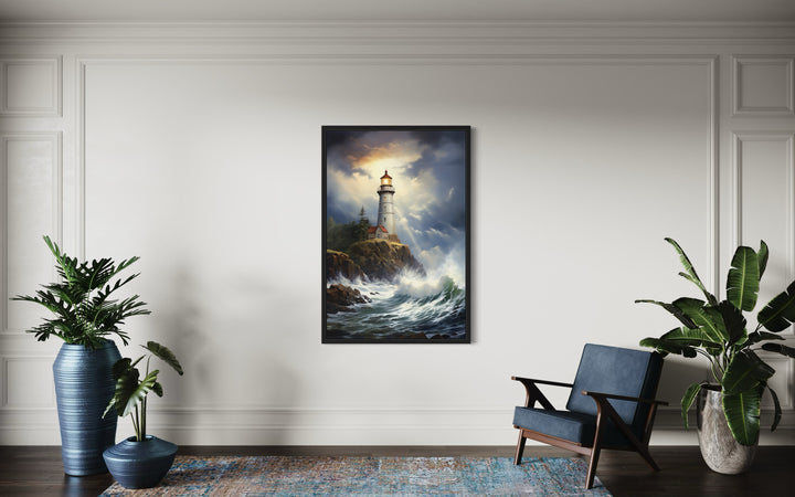 Lighthouse In Stormy Ocean Framed Nautical Canvas Wall Art