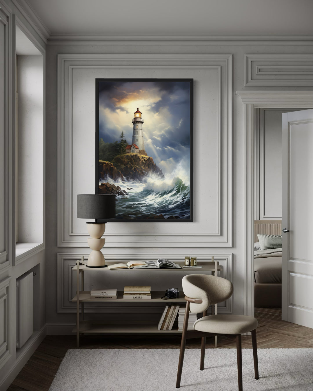 Lighthouse In Stormy Ocean Framed Nautical Canvas Wall Art