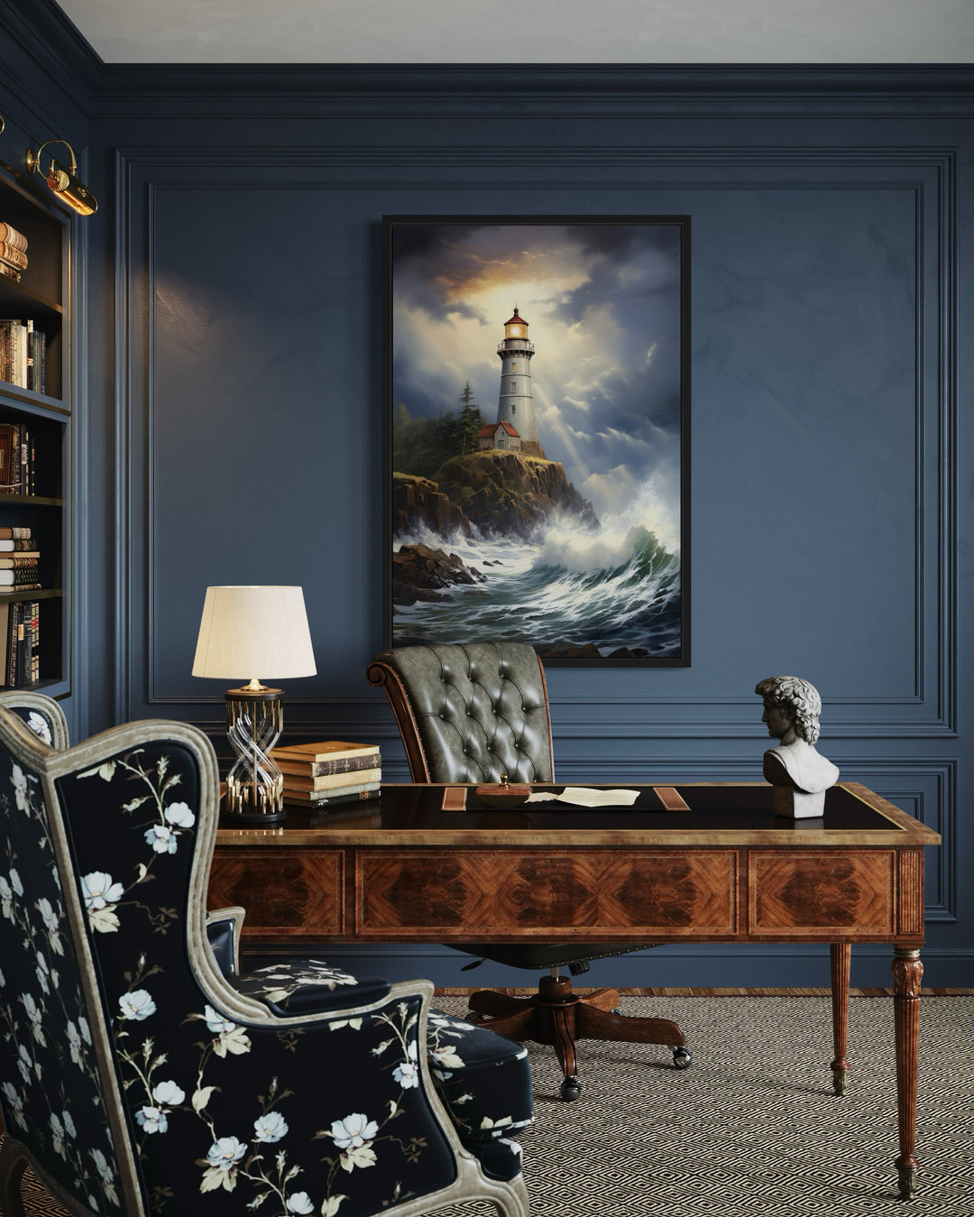 Lighthouse In Stormy Ocean Framed Nautical Canvas Wall Art
