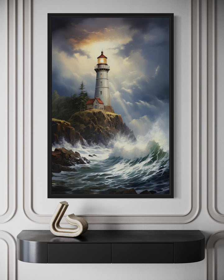 Lighthouse In Stormy Ocean Framed Nautical Canvas Wall Art