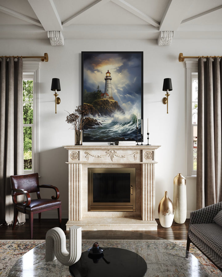 Lighthouse In Stormy Ocean Framed Nautical Canvas Wall Art