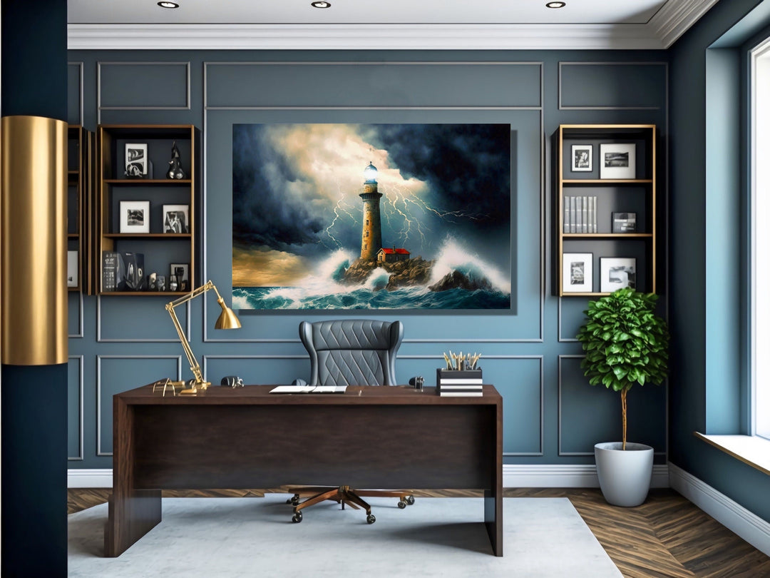 Lighthouse In Stormy Ocean Nautical Wall Art