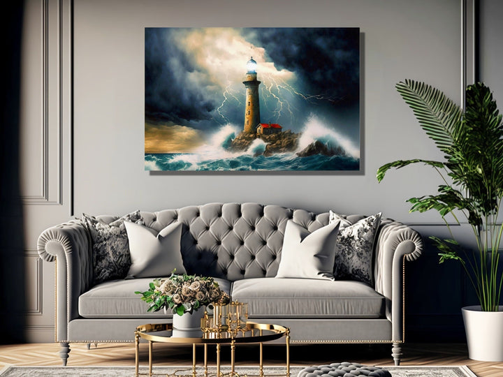 Lighthouse In Stormy Ocean Nautical Wall Art