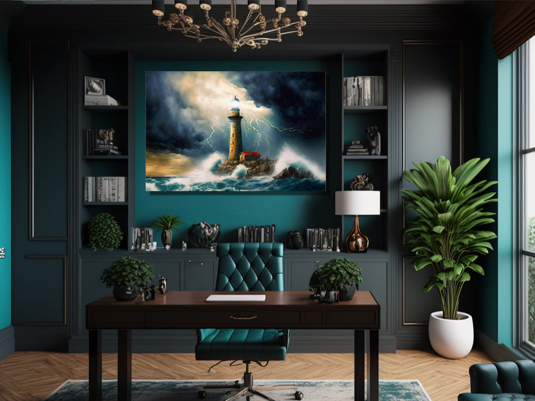 Lighthouse In Stormy Ocean Nautical Wall Art