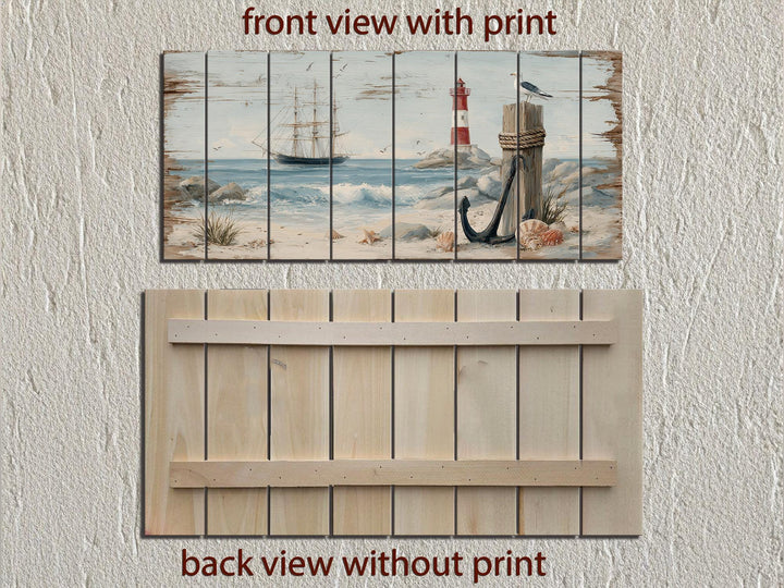 Lighthouse and Sailboat Scene Distressed Wood Wall Art With Anchor And Seagull
