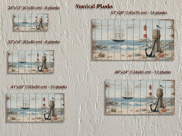 Lighthouse and Sailboat Scene Distressed Wood Wall Art With Anchor And Seagull
