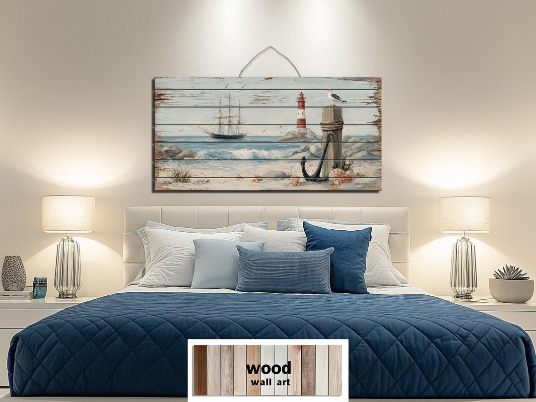 Lighthouse and Sailboat Scene Distressed Wood Wall Art With Anchor And Seagull