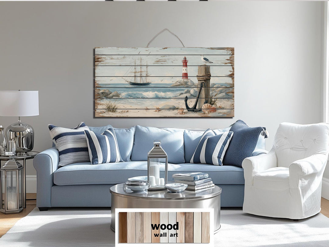 Lighthouse and Sailboat Scene Distressed Wood Wall Art With Anchor And Seagull