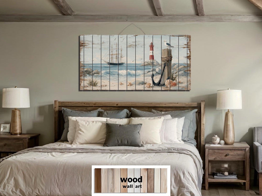 Lighthouse and Sailboat Scene Distressed Wood Wall Art With Anchor And Seagull