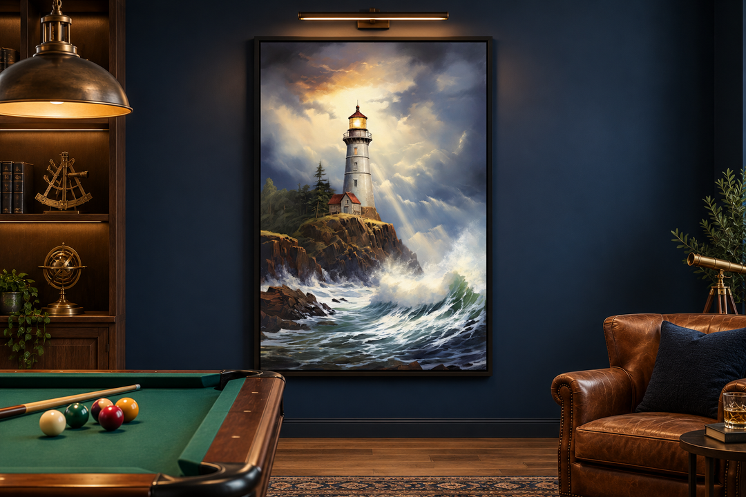Lighthouse in stormy ocean framed nautical canvas wall art hanging on a dark blue wall.