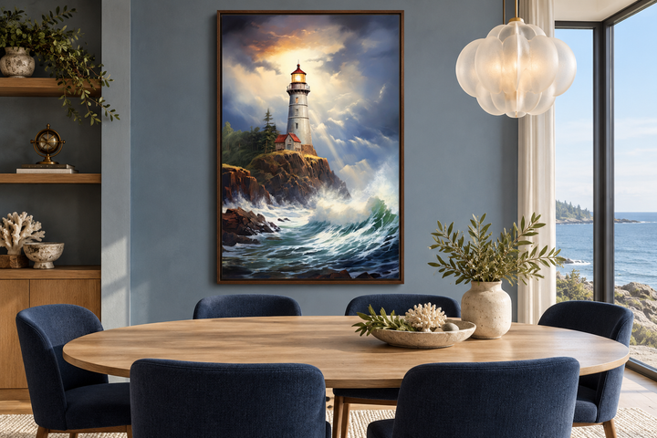 Lighthouse in stormy ocean framed nautical canvas wall art in a modern dining room setting.