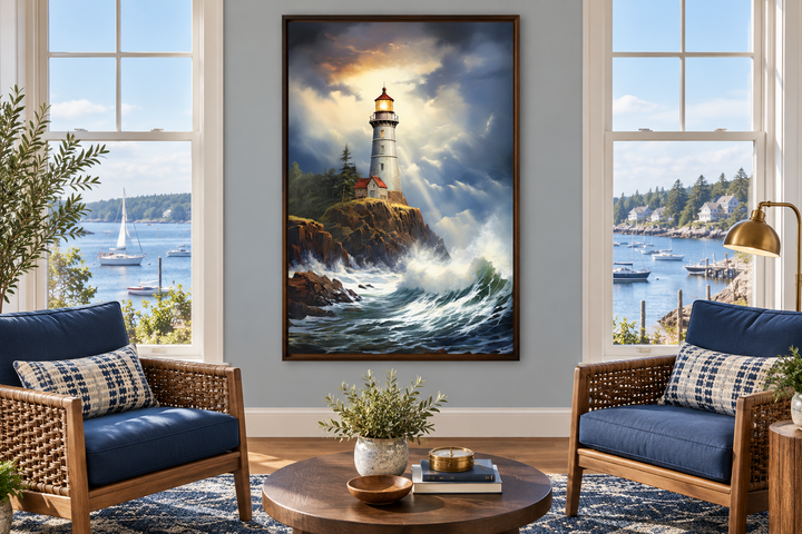 Lighthouse in stormy ocean framed nautical canvas wall art hanging in a coastal sunroom.