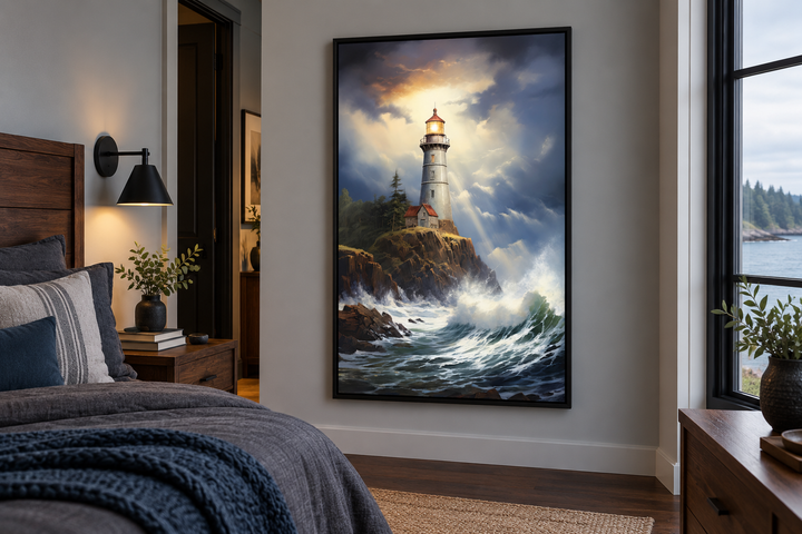 Lighthouse in stormy ocean framed nautical canvas wall art hanging in a modern bedroom.