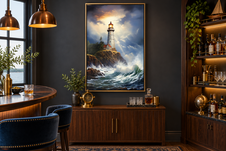 Lighthouse in stormy ocean framed nautical canvas wall art hanging in a dark, modern home bar.