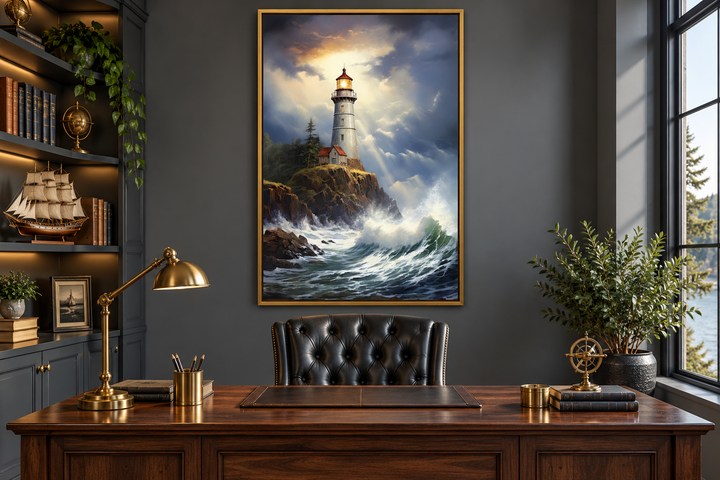Lighthouse in stormy ocean framed nautical canvas wall art hanging above a dark wood office desk.