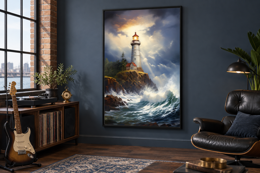 Lighthouse in stormy ocean framed nautical canvas wall art hanging in a modern living room.