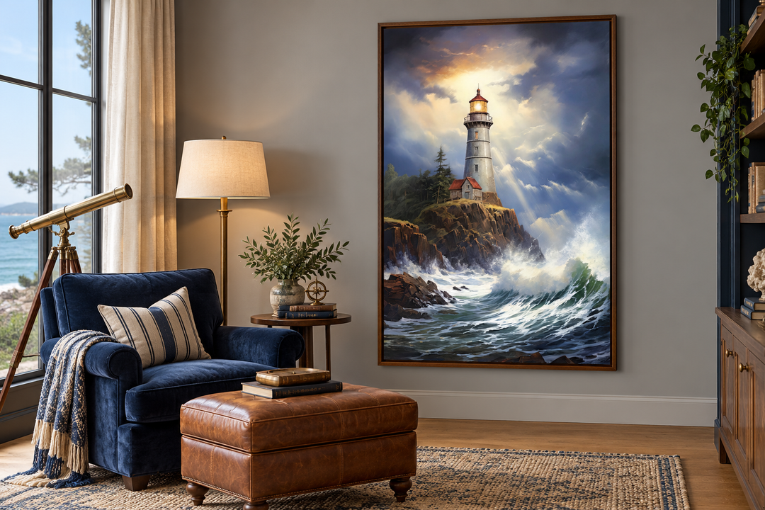 Lighthouse in stormy ocean framed nautical canvas wall art hanging in a coastal-themed living room.