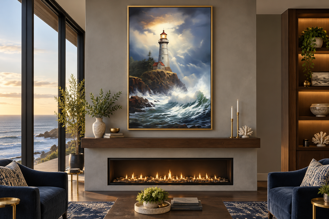 Lighthouse in stormy ocean framed nautical canvas wall art hanging above a modern fireplace.