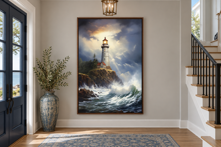 Lighthouse in stormy ocean framed nautical canvas wall art hanging in a home entryway.