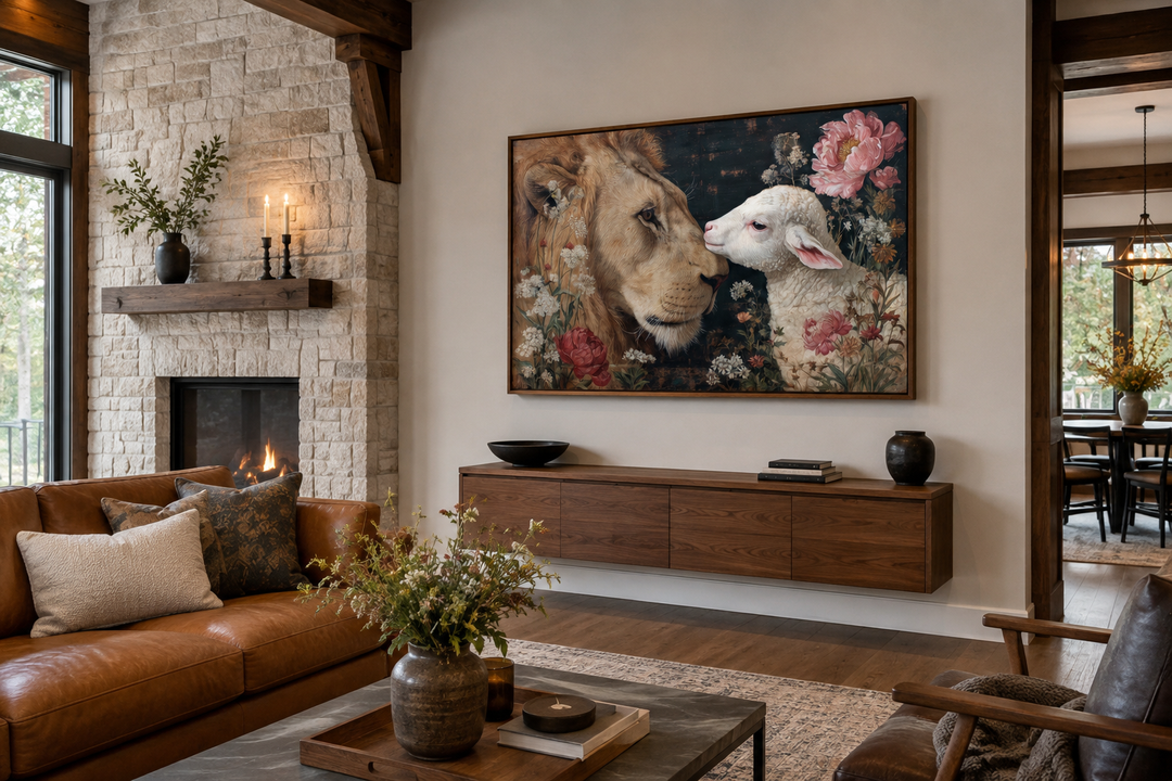 Lion and Lamb framed canvas wall art hanging above a wooden console in a rustic living room.