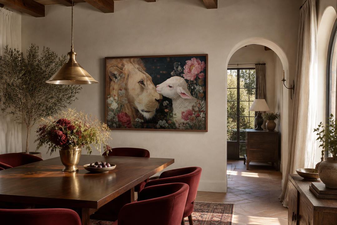 Lion and Lamb framed canvas wall art with pink flowers in a rustic dining room setting.