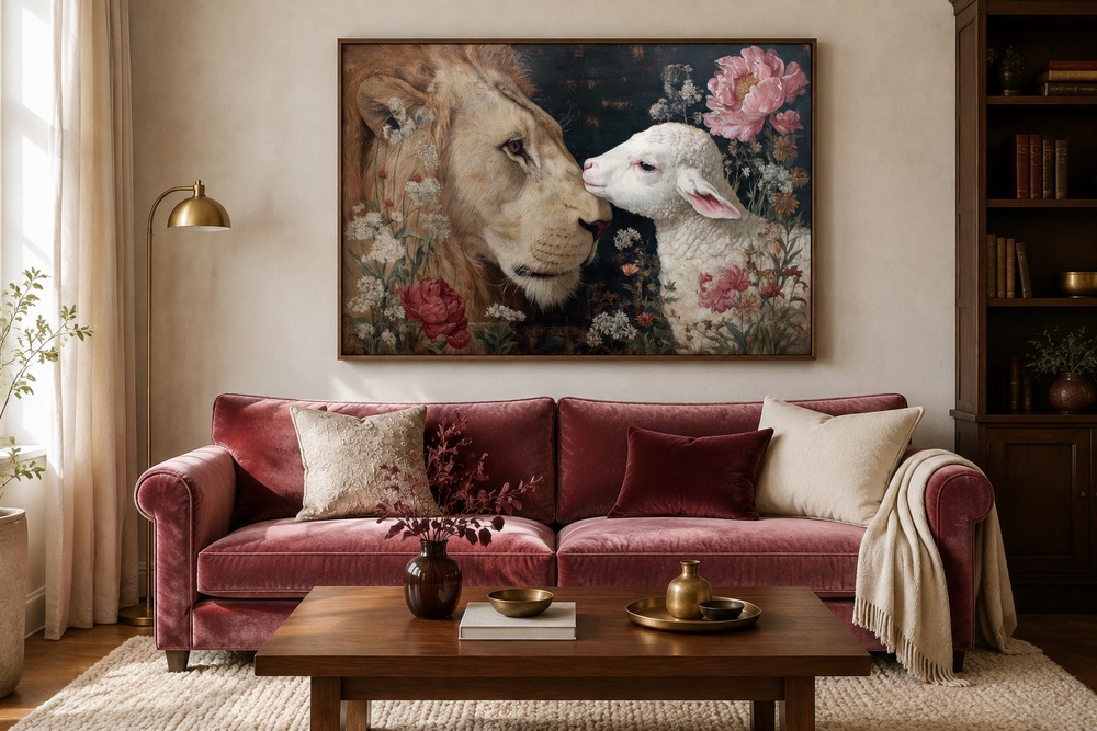 Lion and lamb framed canvas wall art above a velvet sofa in a warm, traditional living room.