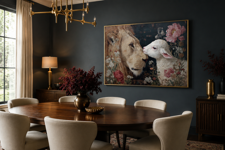 Lion and Lamb framed canvas wall art in a dark-walled dining room with a wooden table and chairs.