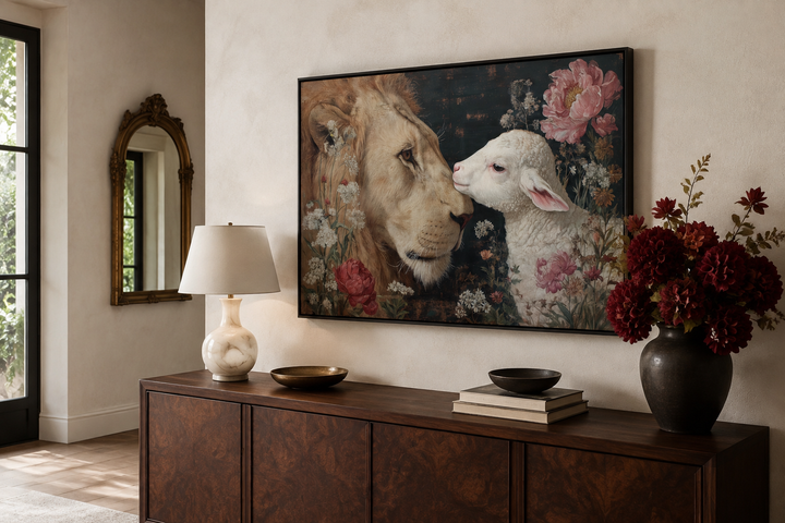 Lion and lamb framed canvas wall art with floral accents above a dark wood sideboard.