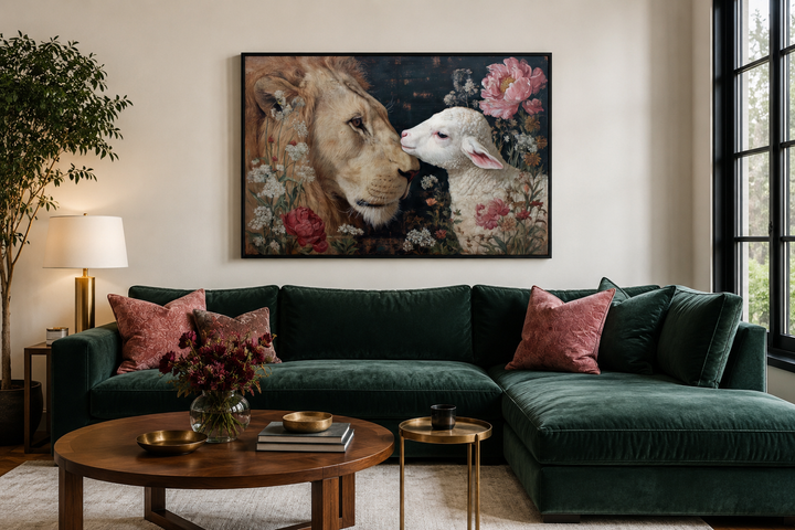 Lion and lamb framed canvas wall art hanging above a green velvet sofa in a modern living room.