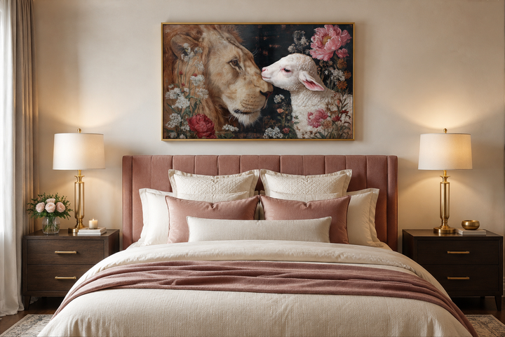 Lion and Lamb framed canvas wall art above a bed with pink and cream bedding and gold lamps.