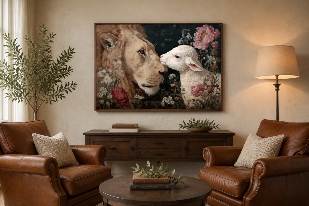 Lion and Lamb framed canvas wall art hanging in a living room with leather chairs and wooden decor.