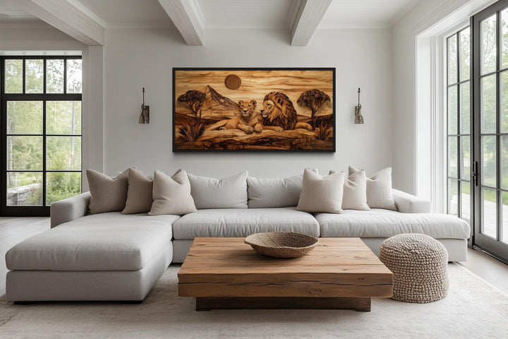 Lion And Lioness Couple In African Safari Wood Texture Painting Canvas Print