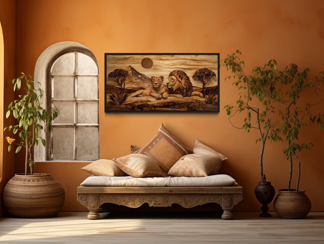 Lion And Lioness Couple In African Safari Wood Texture Painting Canvas Print