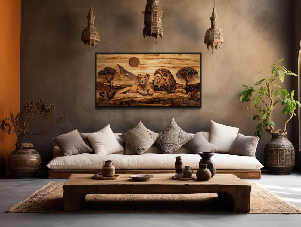 Lion and lioness couple wood texture canvas print in a rustic living room with earthy decor.