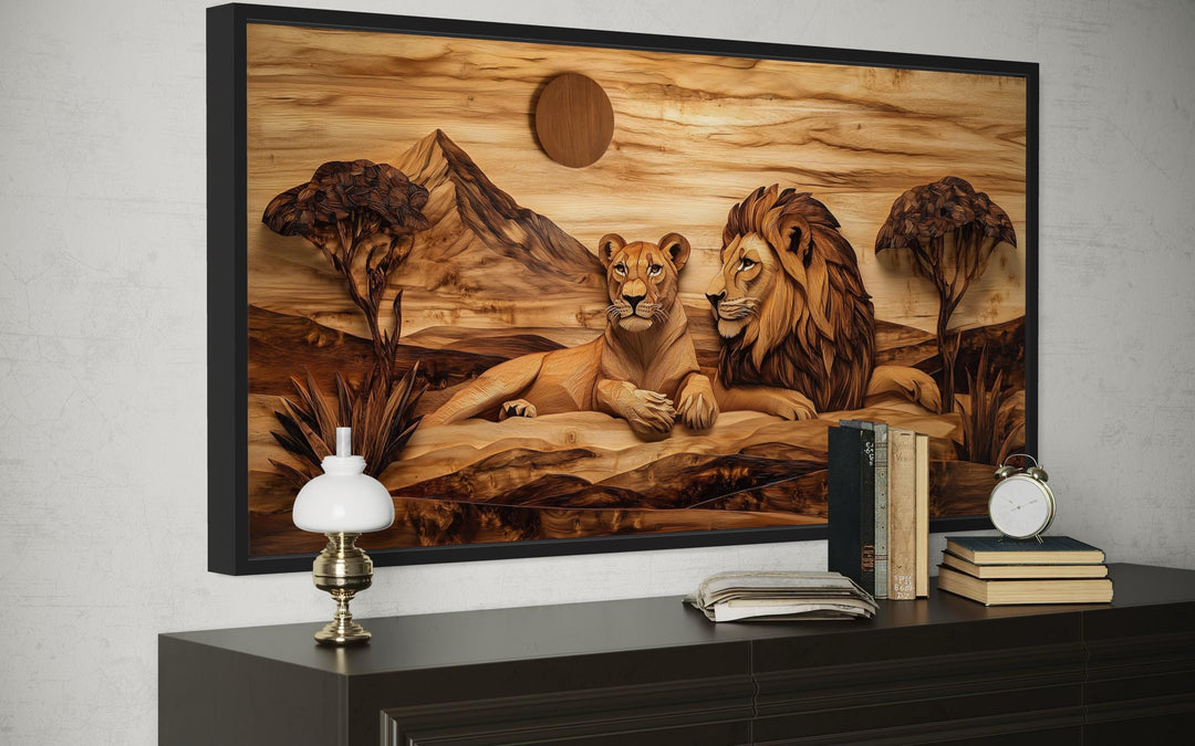 Lion and lioness couple in African savanna wood texture painting canvas print on a wall.