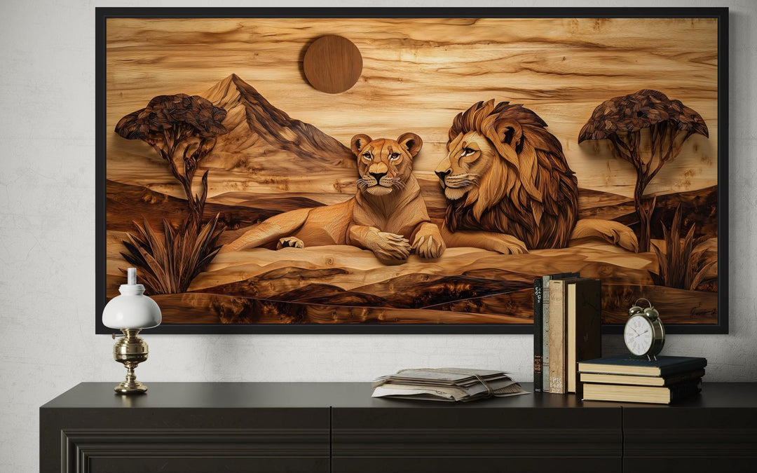 Lion and lioness couple canvas print with wood texture effect in an African savanna setting.