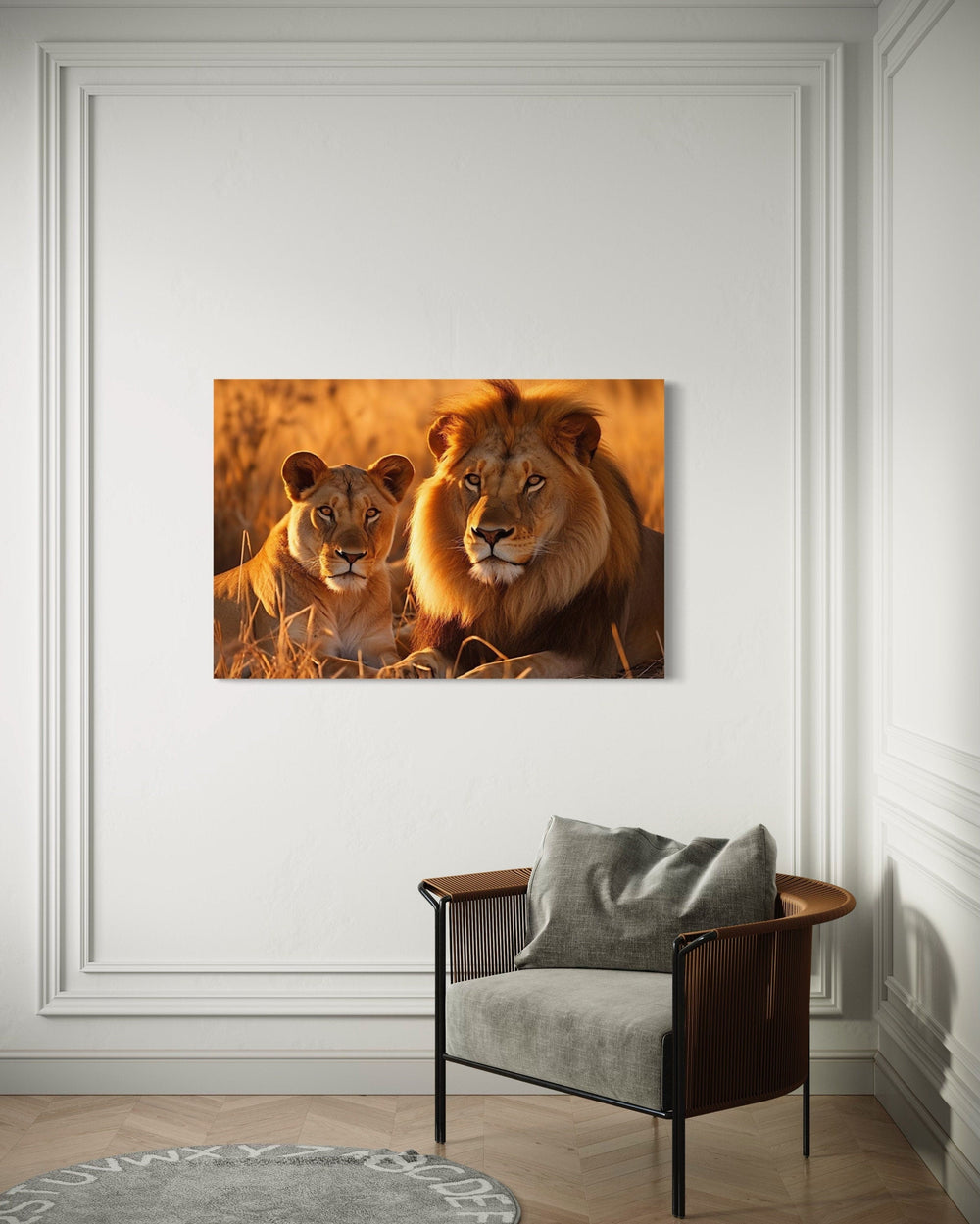 Lion And Lioness Photo Style Romantic Framed Canvas Wall Art in living room