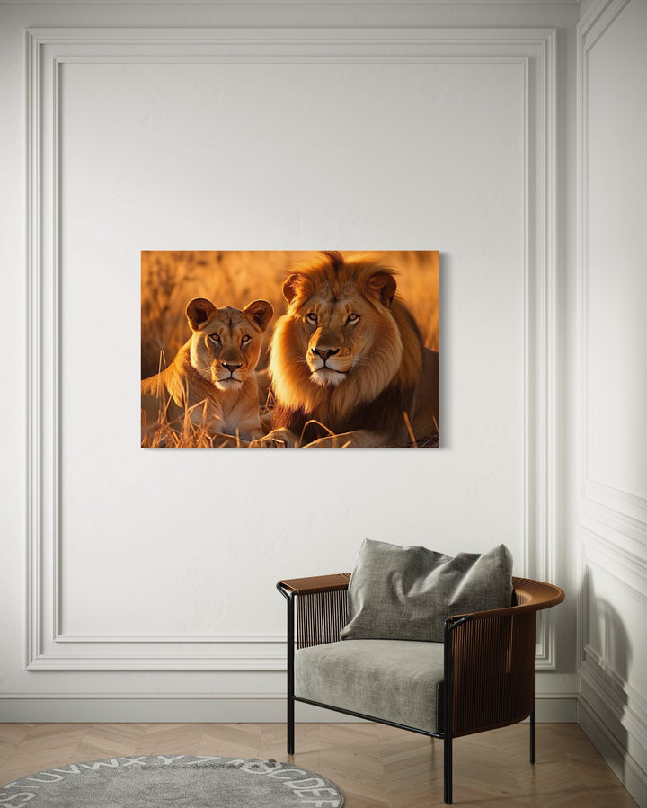 Lion And Lioness Photo Style Romantic Framed Canvas Wall Art