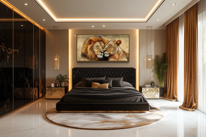 Lion And Lioness Photo Style Romantic Framed Canvas Wall Art