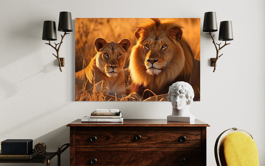 Lion And Lioness Photo Style Romantic Framed Canvas Wall Art