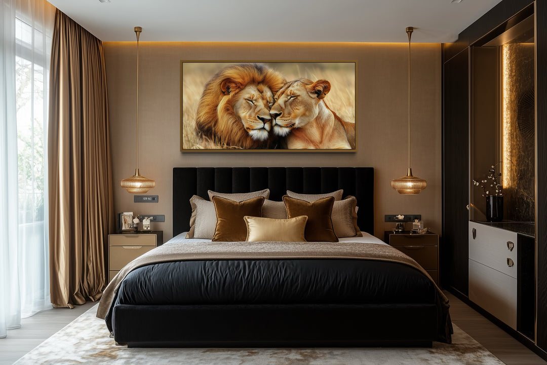 Lion And Lioness Photo Style Romantic Framed Canvas Wall Art