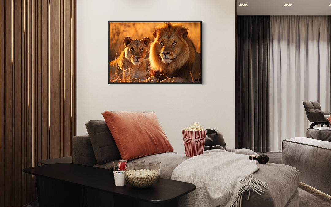 Lion And Lioness Photo Style Romantic Framed Canvas Wall Art