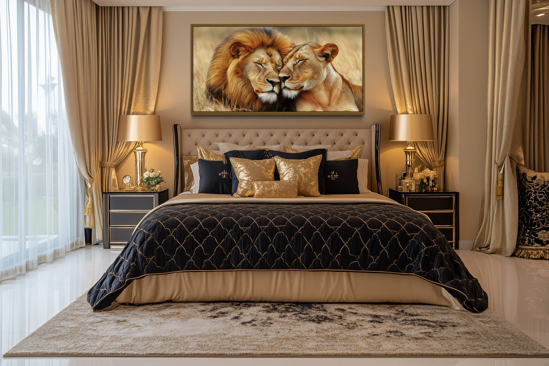 Lion And Lioness Photo Style Romantic Framed Canvas Wall Art