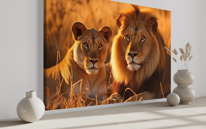 Lion And Lioness Photo Style Romantic Framed Canvas Wall Art