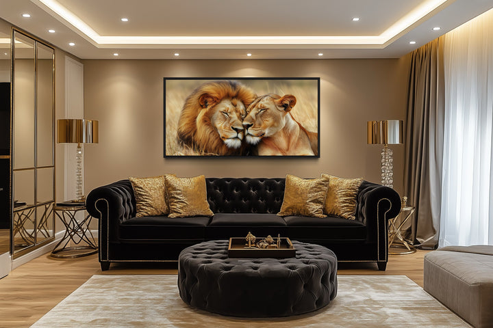 Lion And Lioness Photo Style Romantic Framed Canvas Wall Art