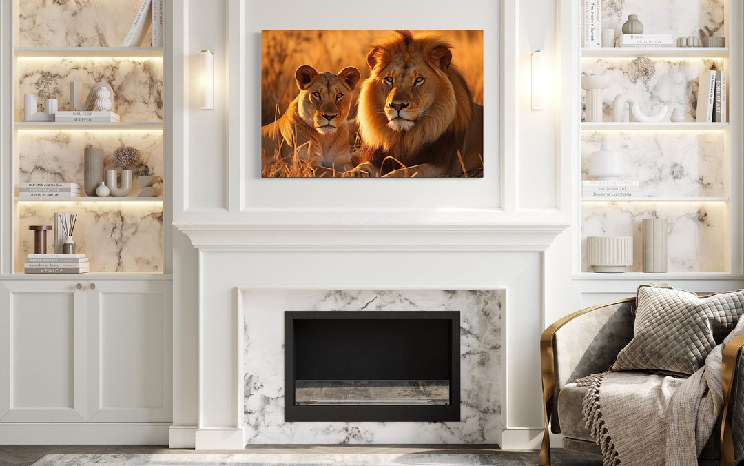 Lion And Lioness Photo Style Romantic Framed Canvas Wall Art